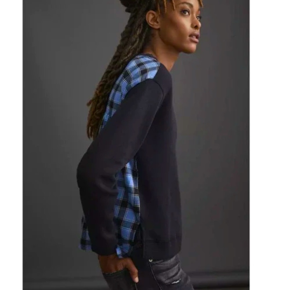NWT Anthropologie Pilcro Flannel Mix Sweatshirt Black Motif Blue Plaid Size L